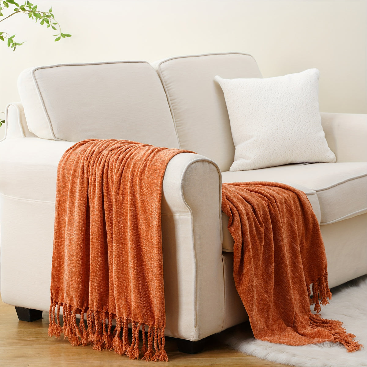 Decorative Fringe Velvety Throw Blanket for Sofa Home Decor, Chenille Throw Blanket for Couch, 50"x60"