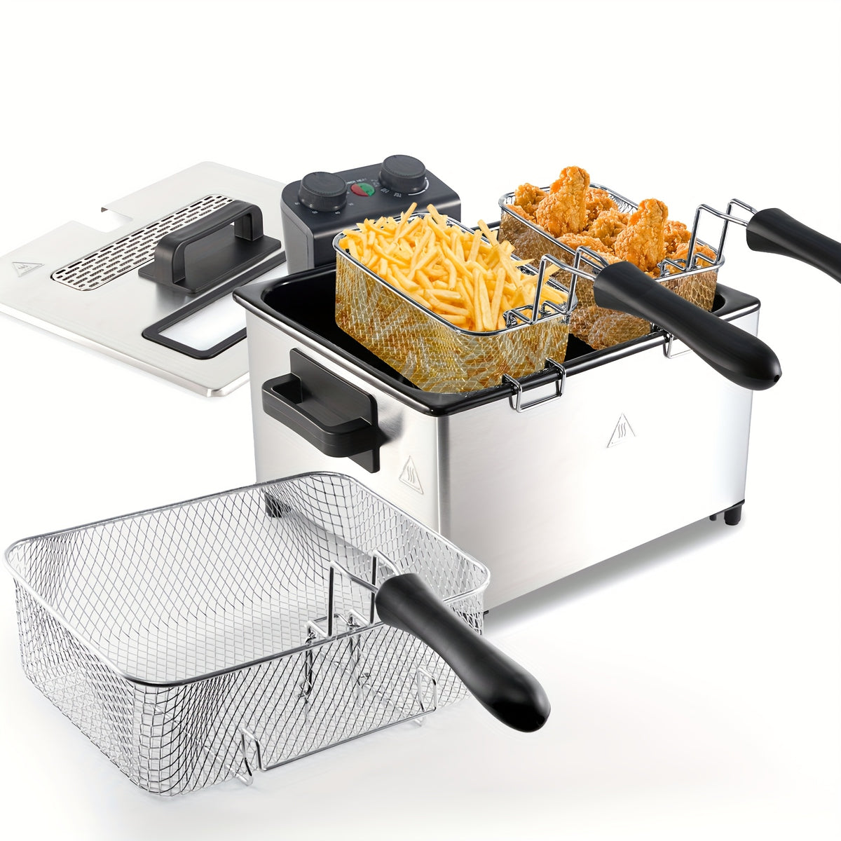 101.44oz/1.32gal Electric Deep Fryer, 1700W Large Fryer with Time & Temperature Control for Home Use, Kitchen Essential, Local Warehouse, Frying Baskets, Lid with View Window, Stainless Steel, Gift for Cristmas & Halloween. Suitable for Cooking