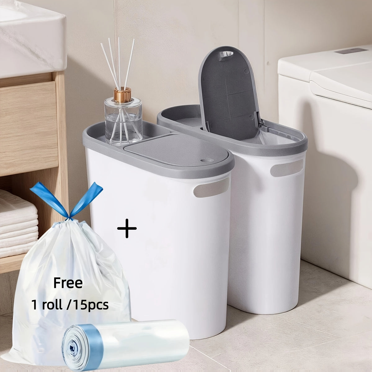 2/1pc Bathroom Trash Can, Compact And Durable Plastic Wastebasket With Built-in Handles, Easy To Clean, Rustproof, Space-Saving Design, Ideal For Small Spaces In Bathroom, Laundry, And Home Office