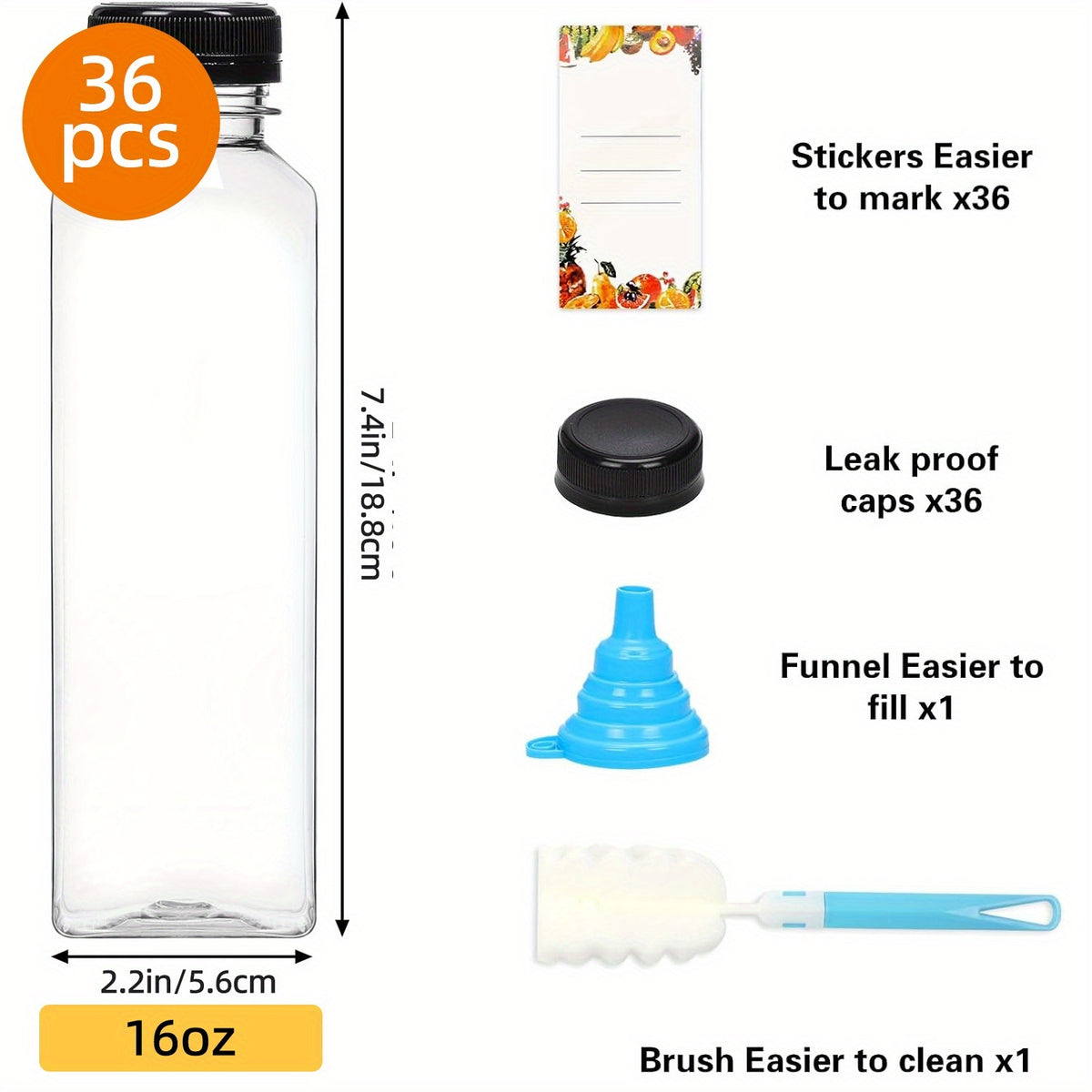 20pcs/36pcs/56pcs/100pcs Juice Bottles, 12/16oz Plastic Bottles With Lids, Reusable Clear Containers For Juice, Smoothies, Cola, Water And Other Beverages, Summer. Funnel & Brush (Color Random).