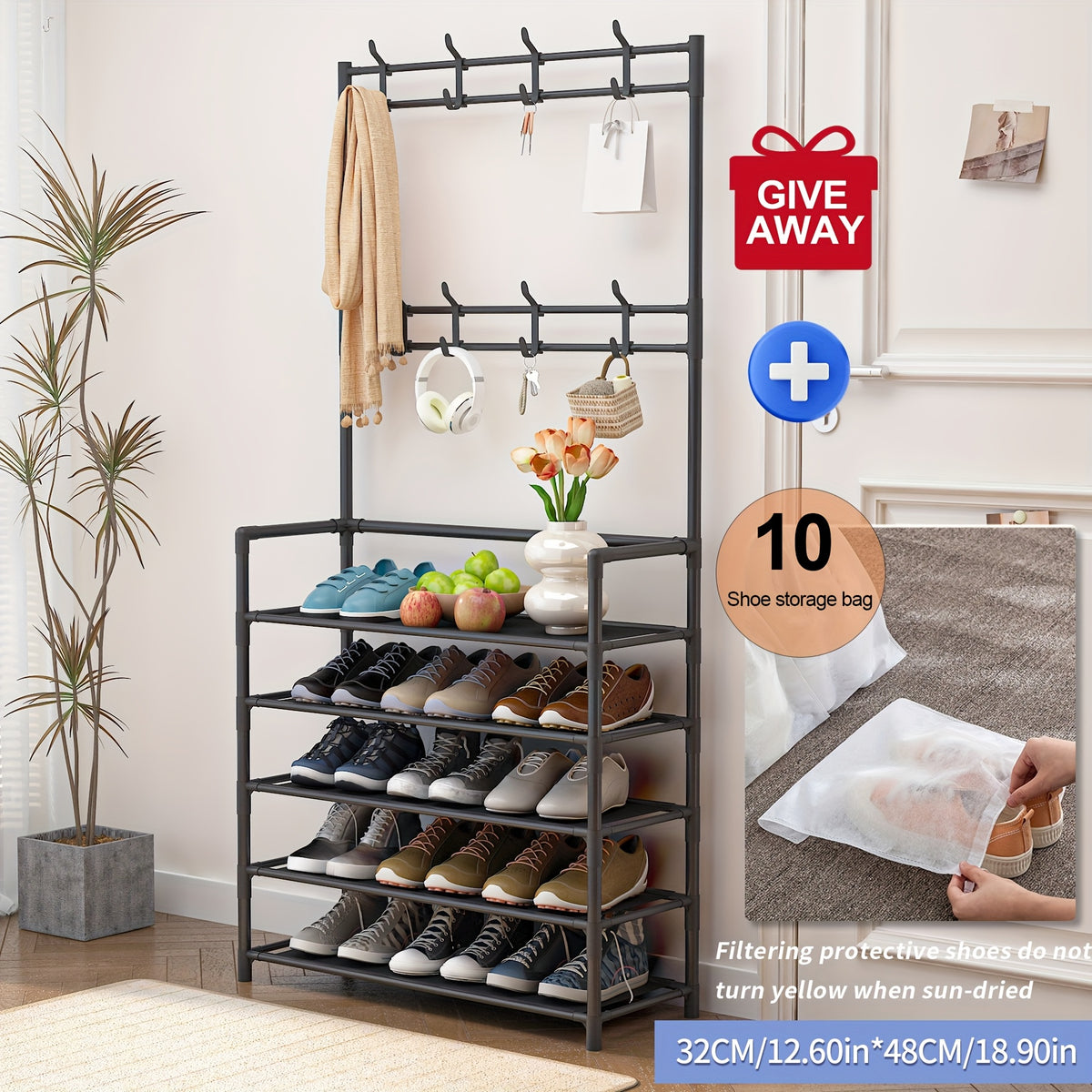 Multifunctional 5-Tier to 3-Tier Shoe Rack, Freestanding Shoe Organizer, Shoe Storage And Organizer, Shelves, with Multi-Layer Storage And 8pcs Double Hooks, Suitable for Living Room, Bedroom, Entrance