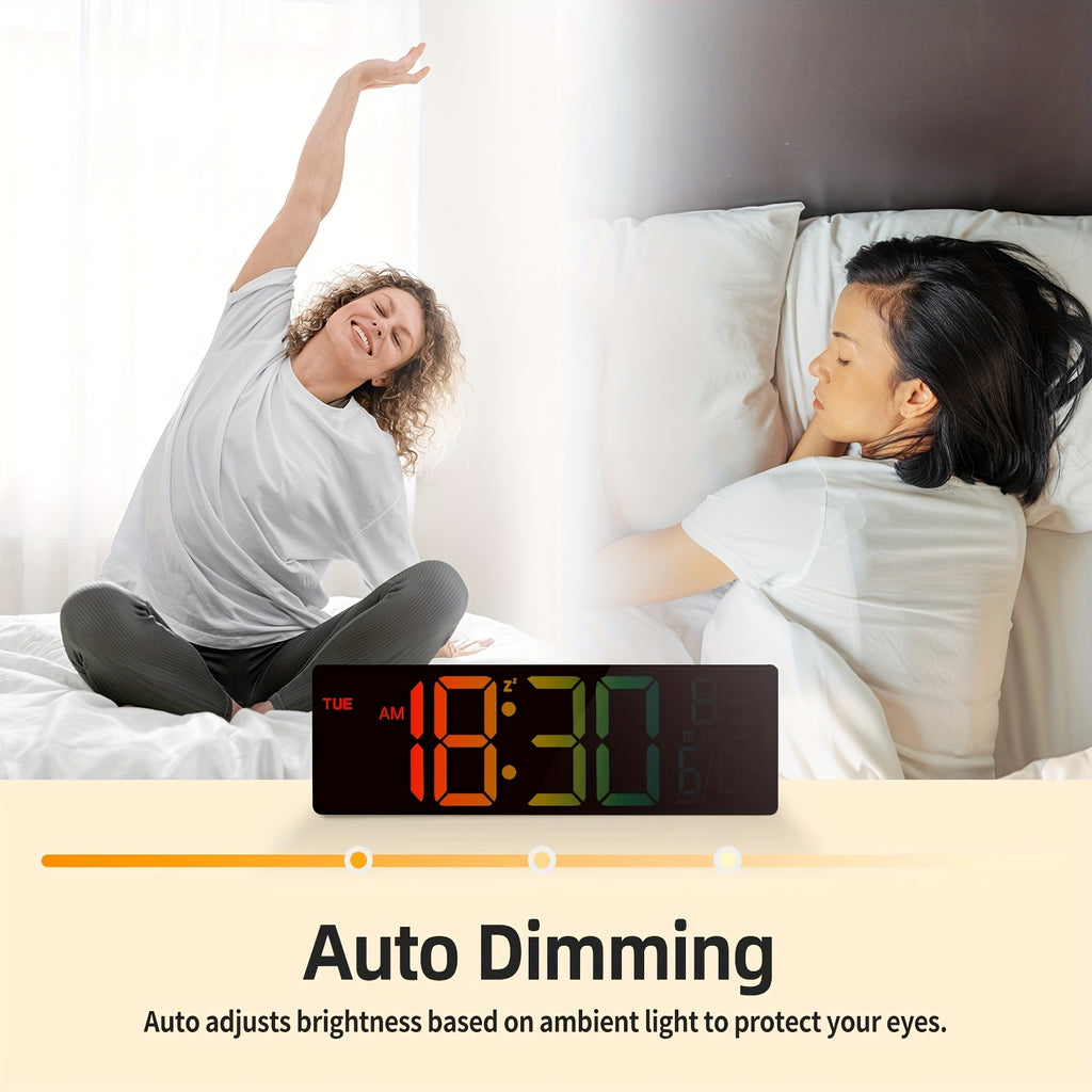 10.5 Inch Large Digital Wall Clock with Dual Alarms, Night Light, Large LED Screen Display, 8 RGB Colors, Auto DST, Temperature, Brightness Adjustment for Living Room, Bedroom, Kitchen Elderly Gift