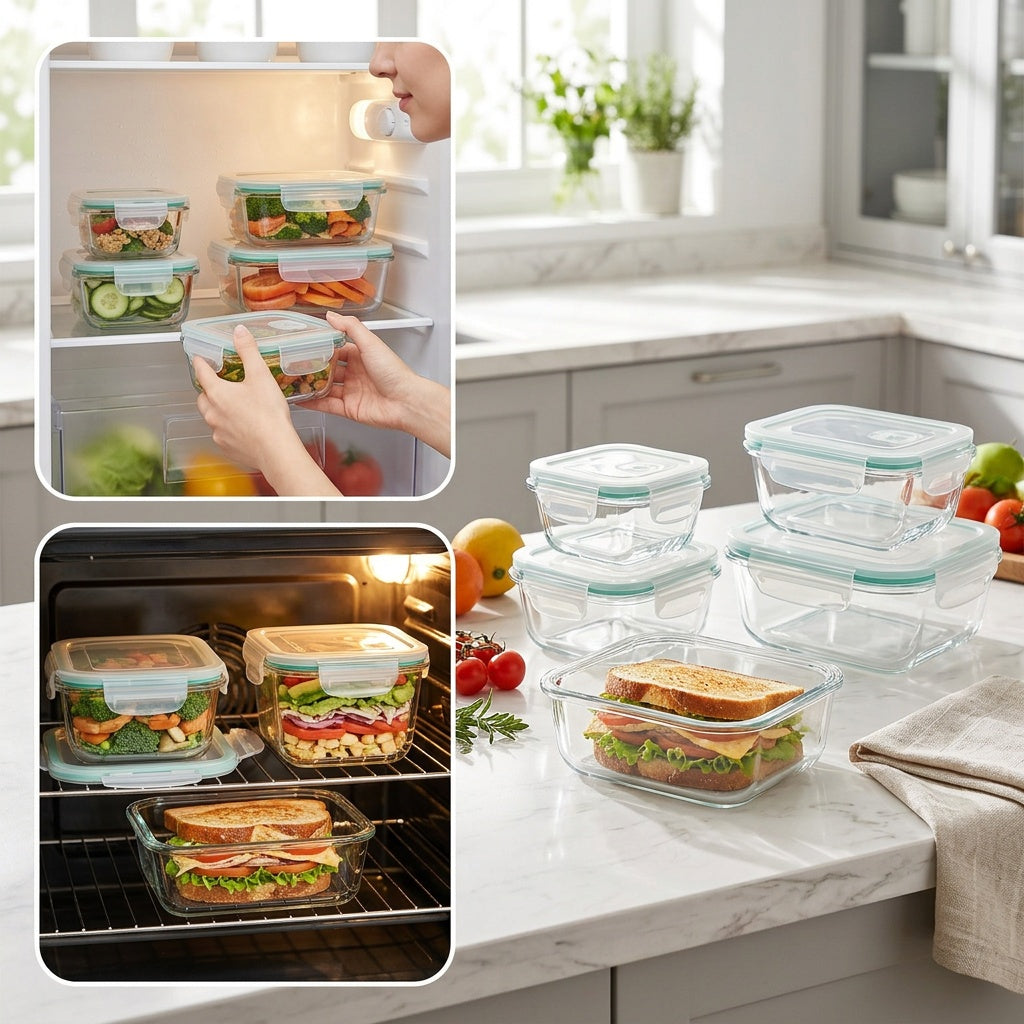 16pcs Sealed Glass Food Storage Containers, Lunch Box, Microwave, Oven - Great For Salads, Fruits, Vegetables And Sandwiches, Lunch Box | Sealed Storage | Durable Glass, Food Storage Containers (8 Lids + 8 Containers)