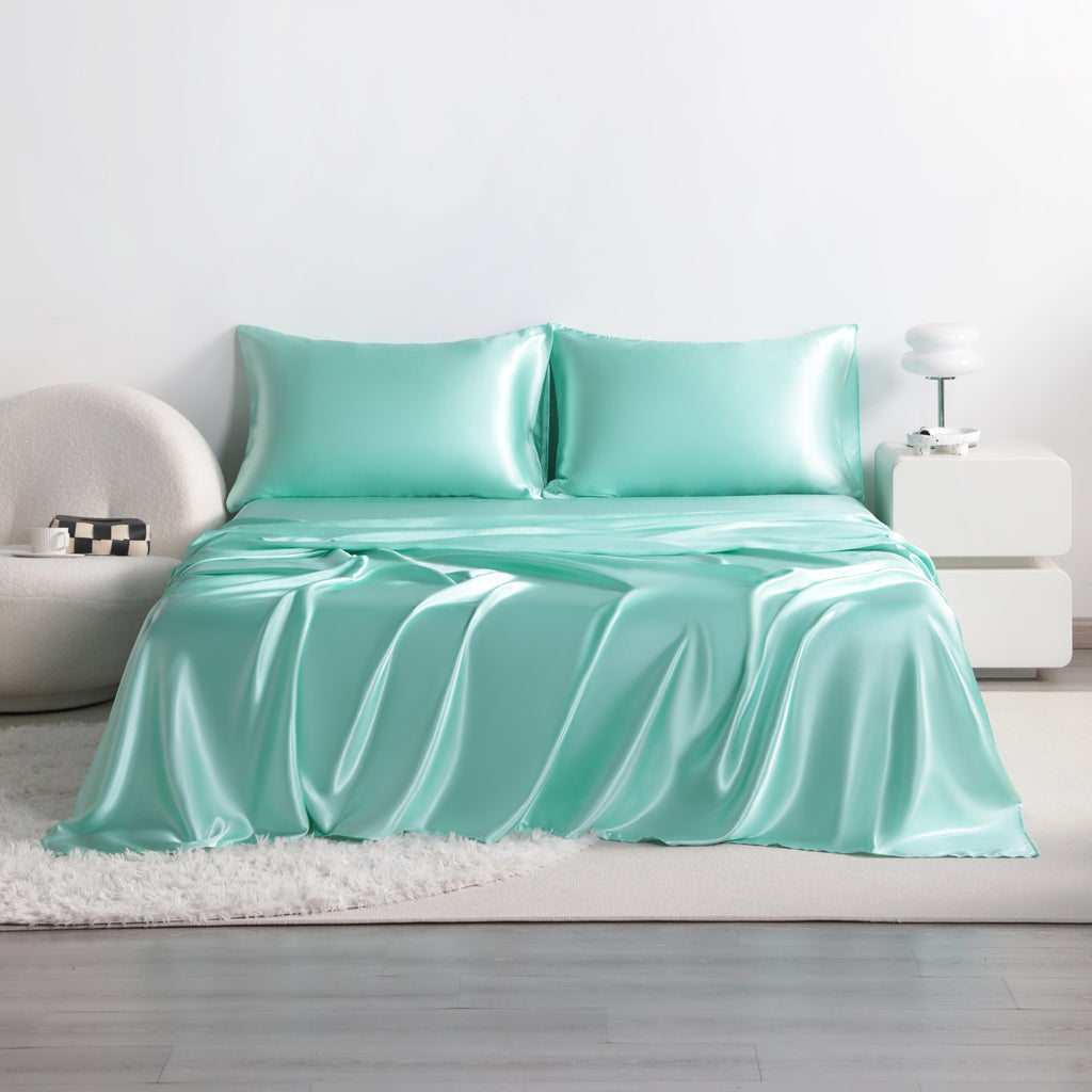 4pcs Cooling Satin Bed Sheet Set, Shrink-Resistant, Fade-Resistant, Hypoallergenic, Breathable,Flat Sheet & Fitted Sheet & Pillowcase Set with Deep Pocket, 300 Gsm
