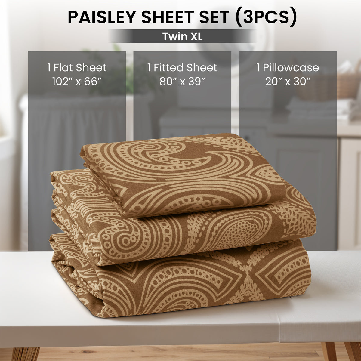 Paisley Bed Sheet Set, Soft Double Brushed Microfiber Bedding with 16-Inch Deep Pocket Fitted Sheet and Pillowcases in Six Sizes for Bedroom Comfort