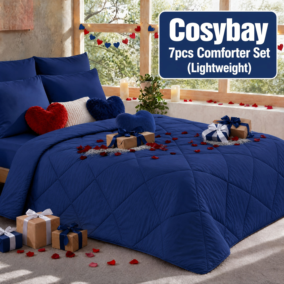 Cosybay 7 Piece Pinch Pleated Comforter Set Queen King Size, Luxury Soft Fluffy Bedding Includes 1 Comforter, 1 Extra Deep Pocket Fitted Sheet, 1 Flat Sheet, 4 Pillowcases & Pillow Covers, Perfect for Halloween Party, Holiday Celebrations & Birthday