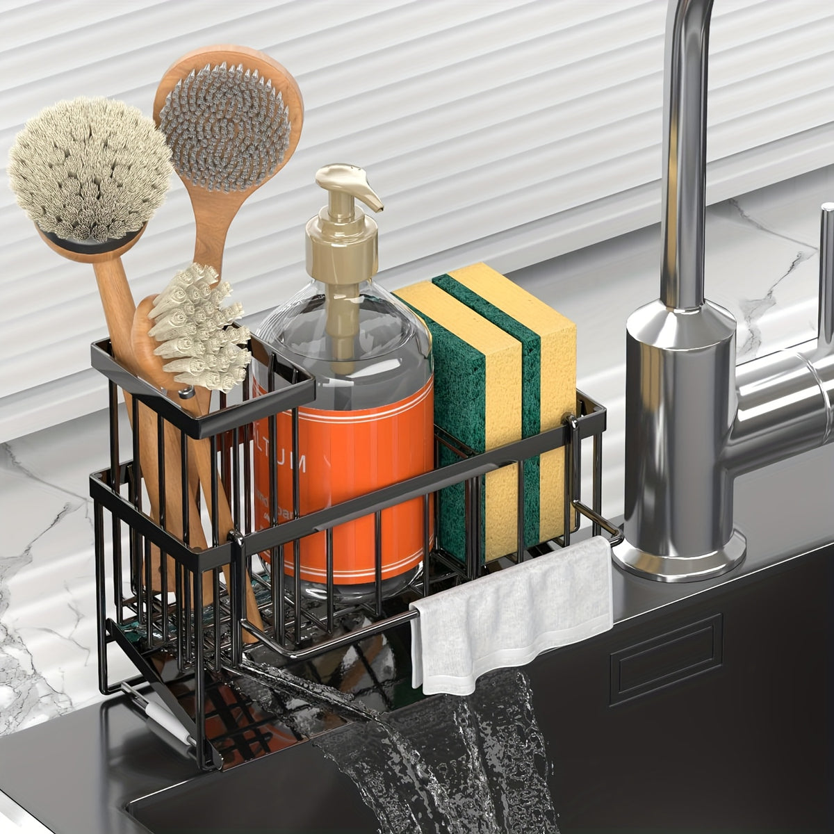 1pc Sponge Holder For Kitchen Sink With Drain Design And Dishcloth Rack, 304 Stainless Steel Sink Rack With Tall Brush Holder, Kitchen Sink Storage Box For Countertop, Soap Dispenser, Kitchen Organizer, And Essential Storage Accessories.