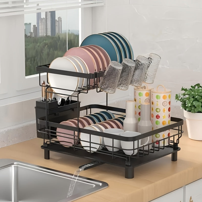 Dish Drying Rack, 2 Tier Dish Racks for Kitchen Counter, Large Stainless Steel Kitchen Dish Drying Rack, Detachable Large Capacity Dish Drainer Organizer with Utensil Holder, Drain Board