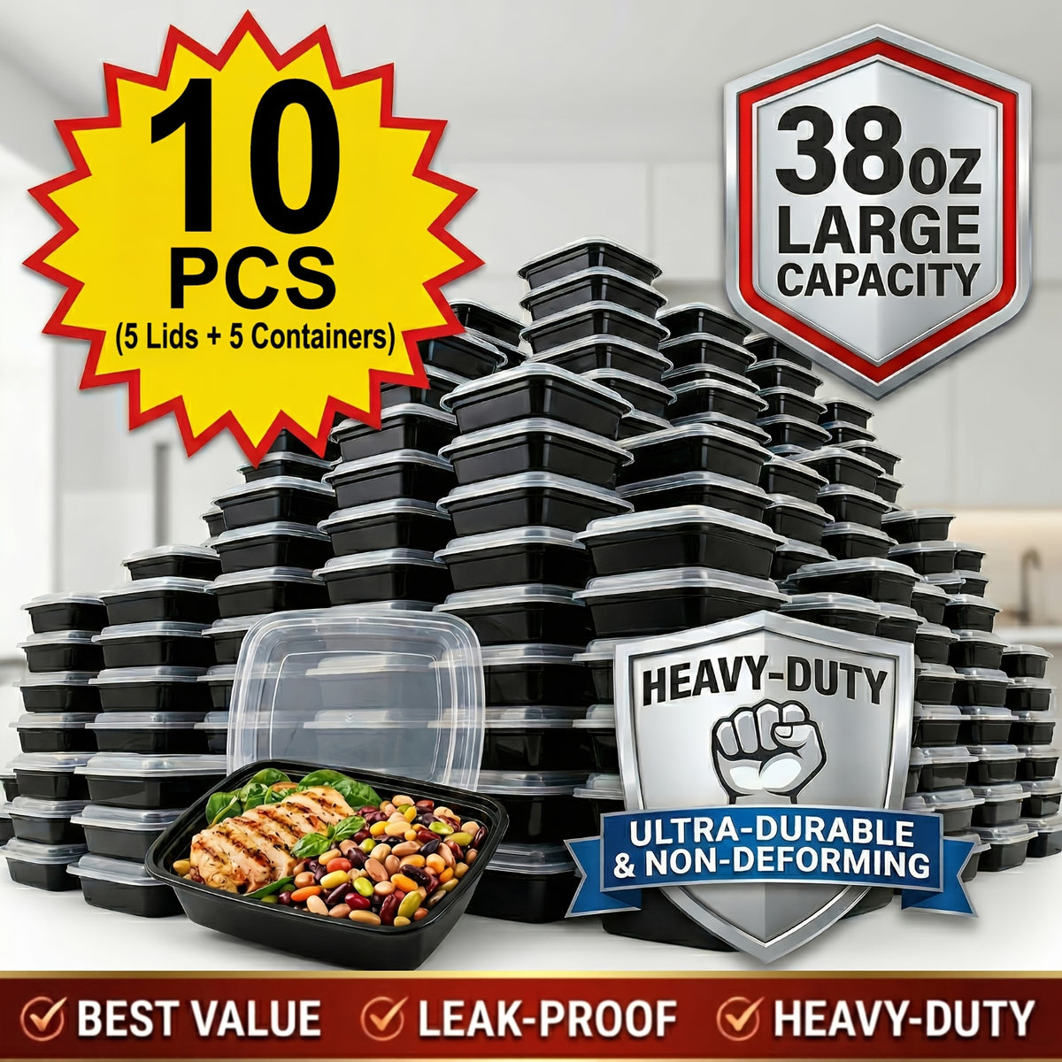 10/100pcs(5/50 Containers+5/50 Lids) 38oz Black Rectangular Meal Prep Containers, Plastic Food Storage Container, Disposable Bento Box, Lunch Box, Kitchen Organizers And Storage Accessories, Microwave & Dishwasher & Freezer Safe, Local Warehouse