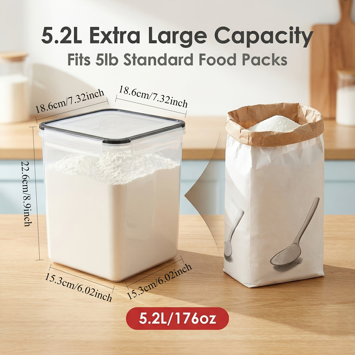4-Pack Sealed Jars, Large Food Storage Containers, Plastic Airtight Canisters for Flour, Sugar, Baking Supplies, Pasta, Rice with Lids, 4 Measuring Cups And 24 Labels, Black