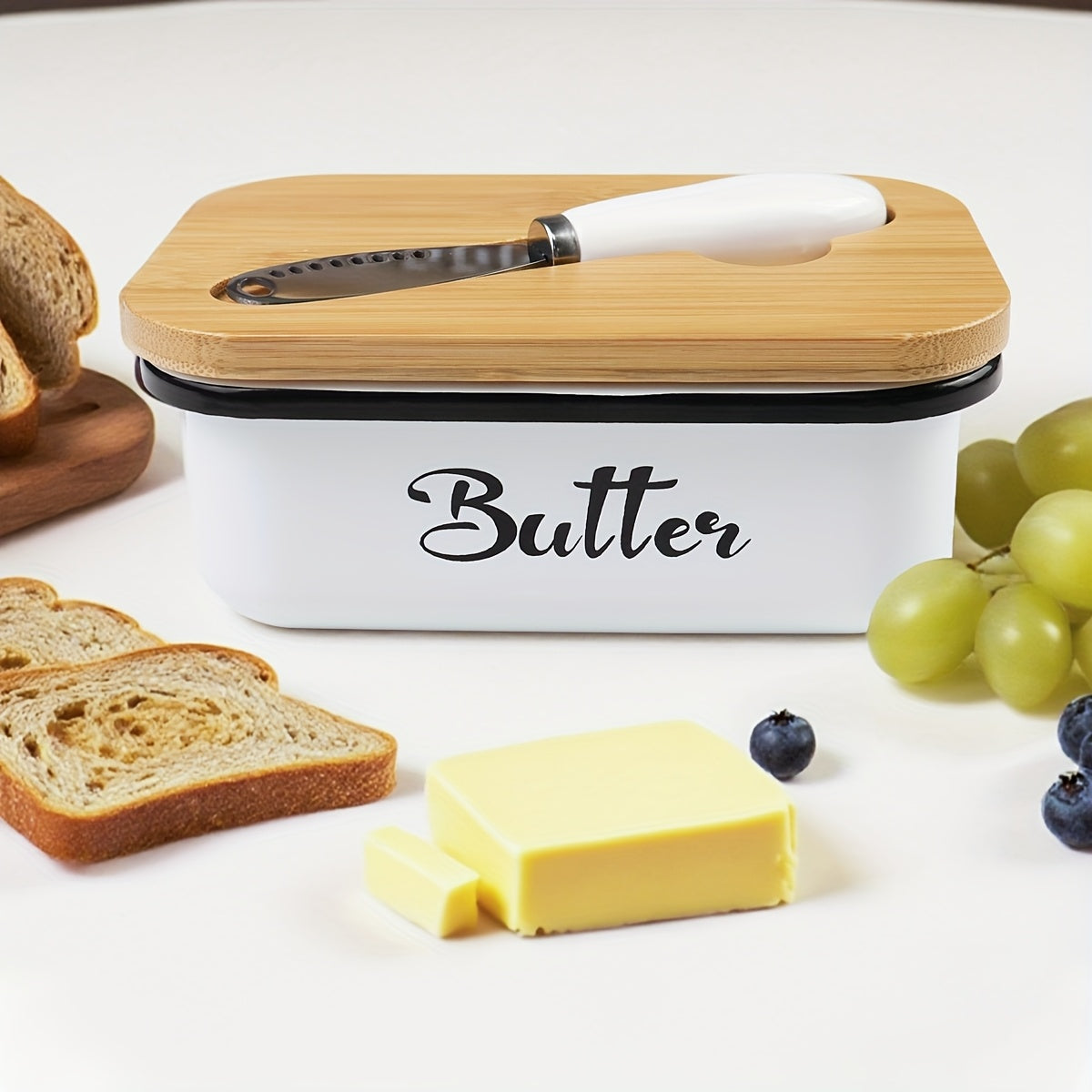 Iron Butter Tray with Bamboo Cover and Knife Large Capacity - Airtight Cheese Storage Box Kitchen Storage Items - Complete Colors - Mother's Day Thanksgiving Christmas Gifts Butter Storage Container Holiday Serving Elegant Durable