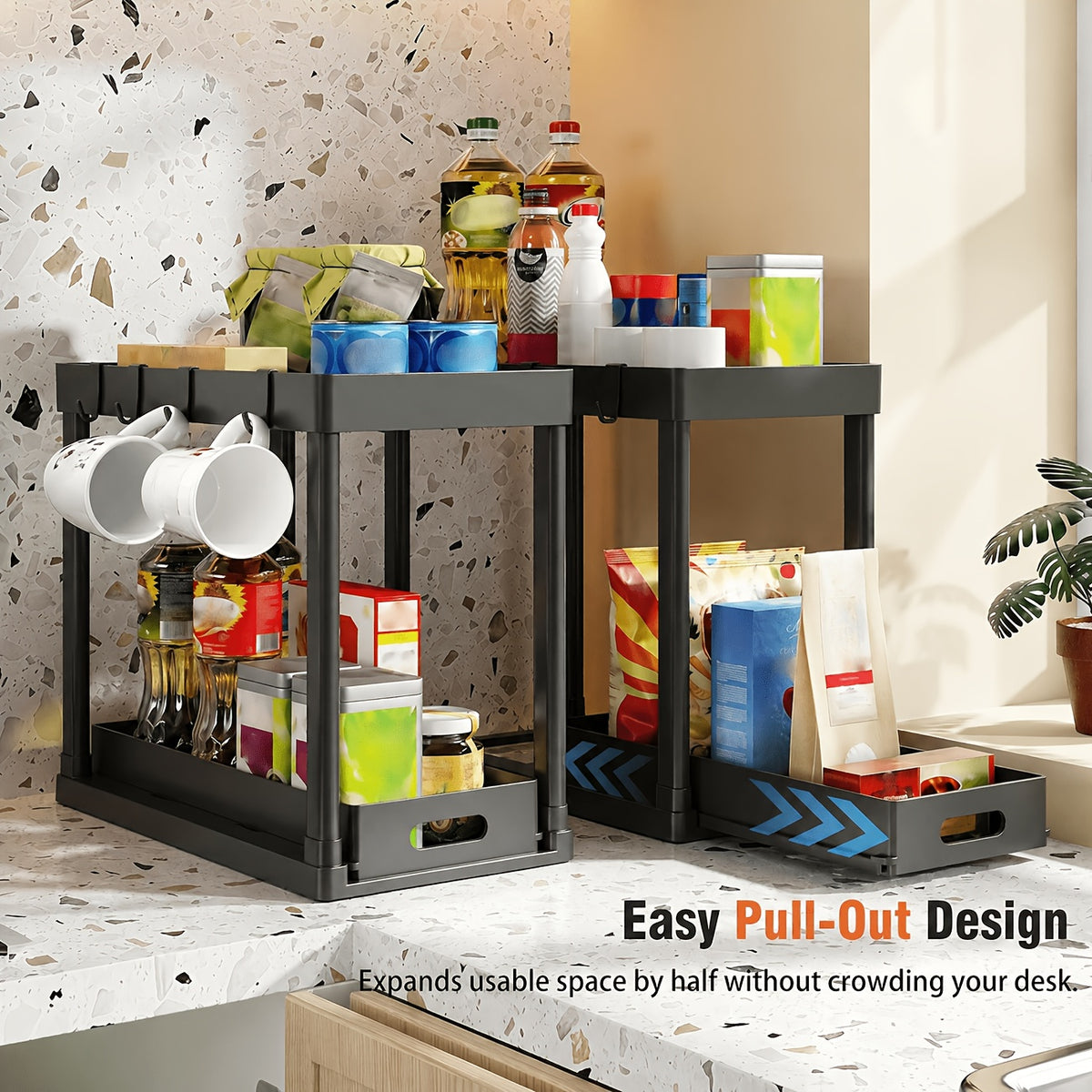 [2pcs Under Sink Organizer] Under Sink Organizer 2pcs, Under Sink Organizers And Storage, Double-tier Sliding Storage Basket, Kitchen Accessories, Kitchen Storage Solutions, Bathroom Organizers And Storage, Storage Rack with 8 Hooks.