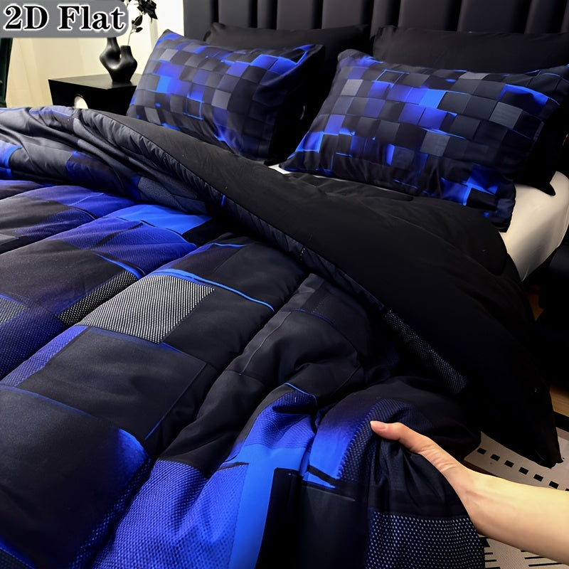 2D Flat Tog 4 3pcs Super Soft Fashion Sense Of Technology Grid Thickening Quilt Set (1 Comforter +2 Pillowcases Without Pillow Core), Contains Padding 180Gsm Quilting Soft Ventilate Digital Printing Bedroom Dormitory At Home Perfect Halloween Gift