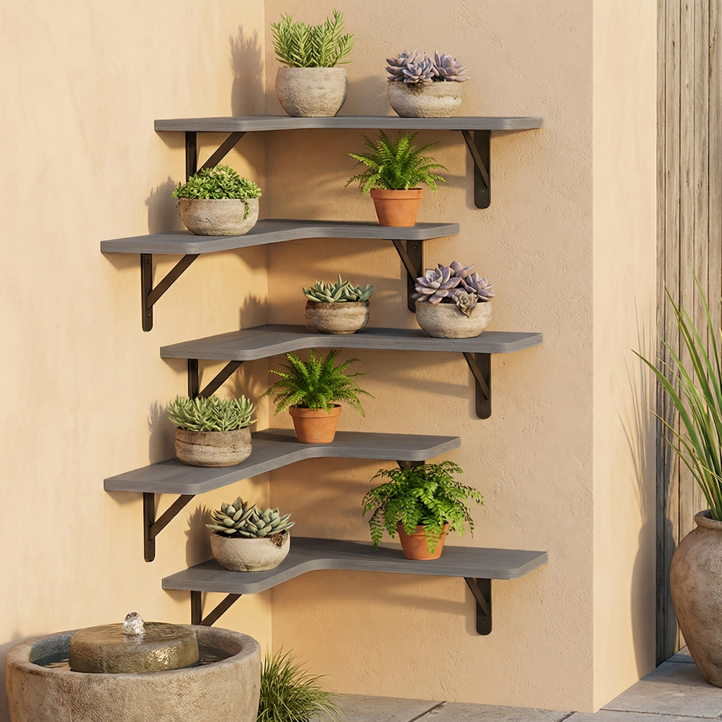 Rustic Wood Corner Floating Shelves, Wall Mounted Display Organizers in Multiple Colors for Plants, Bedroom, Living Room and Kitchen Decor