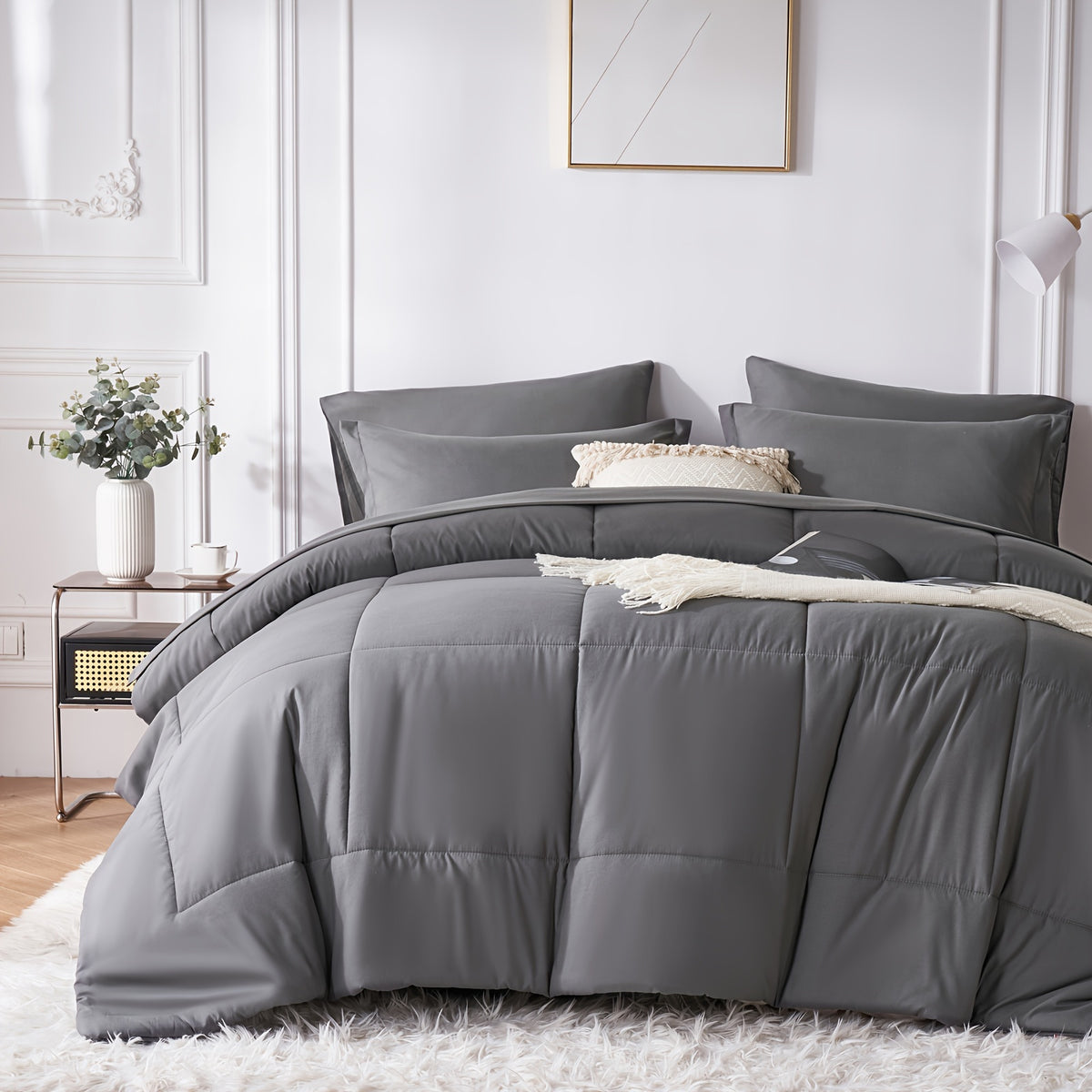 5/7pcs Luxurious Checkered Comforter Sets Queen-Breathable Comforter-Ultra-Soft Fluffy Fiber Filling, Warmth For All Seasons-Bed In A Bag With Comforter, Flat Sheet, Fitted Sheet, Pillowcases, And Pillowshams, Thick Comforter Set, Family Gift Set