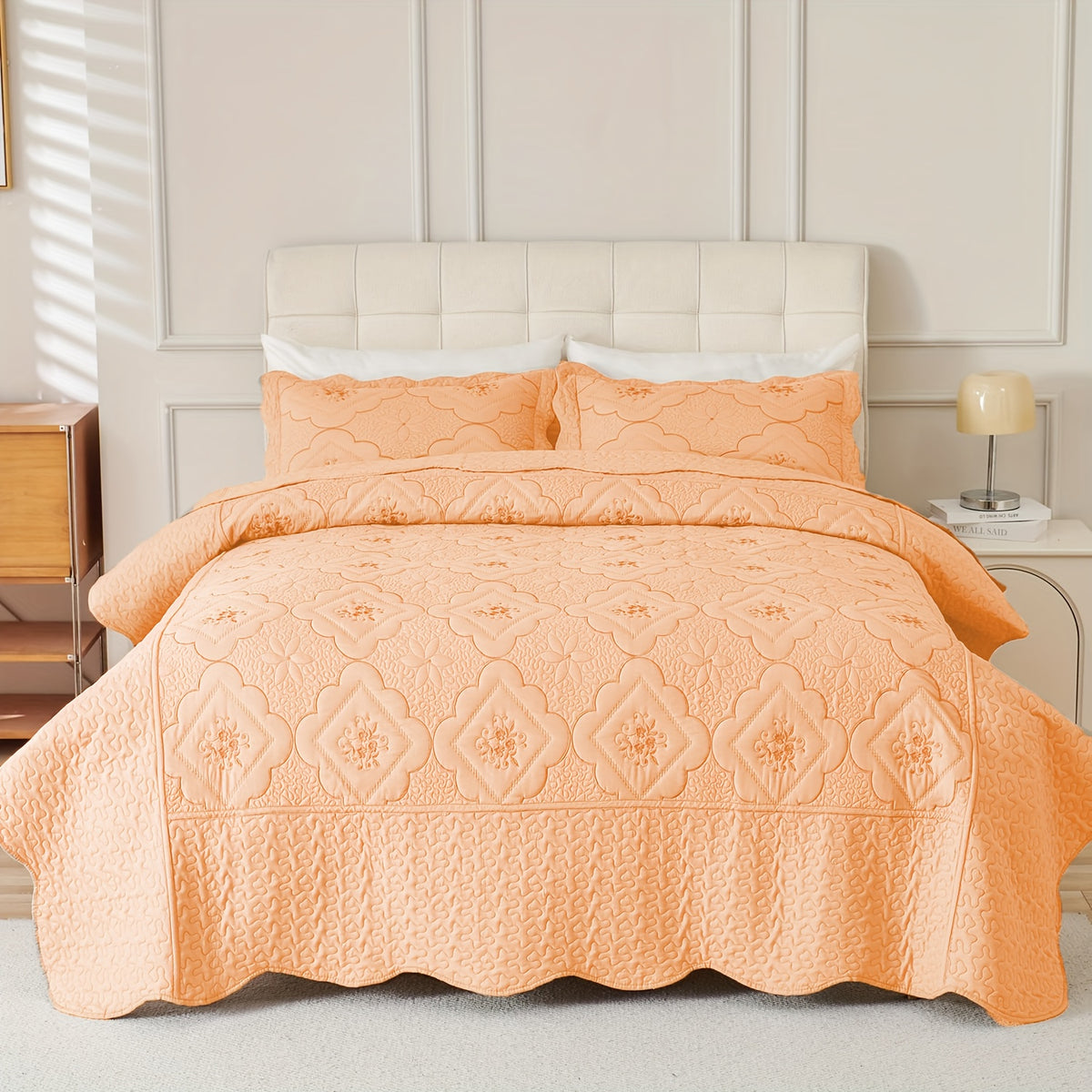 3pcs Exquisitely Crafted King/ Queen Size Quilted Bedspread Set with Intricate Floral Embroidery - 100% Polyester, Wrinkle - Resistant, Lightweight, Perfect for Adding A Touch of Elegance To Your Bedroom Decor