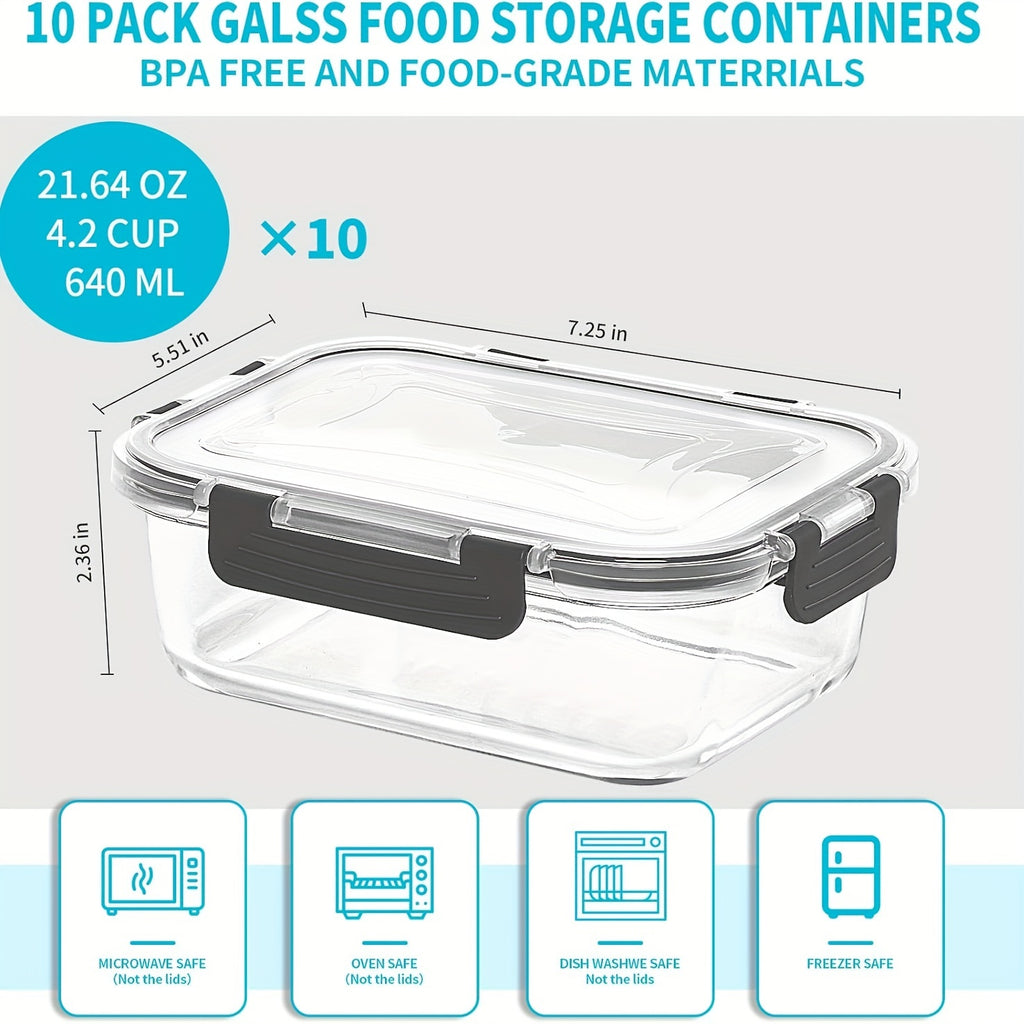 20 Pack 22oz Glass Meal Prep Containers, 10 Containers & 10 Lids, Airtight Food Storage Containers With Lids, Pantry Kitchen Storage Containers For Lunch, Food Storage, Glass Lunch Bento Boxes
