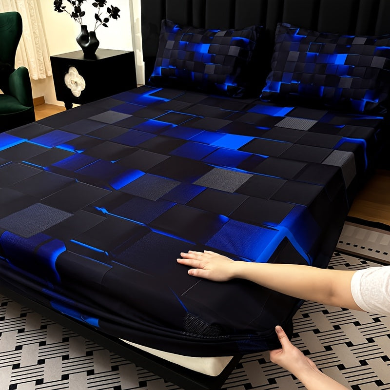 2D Flat 3pcs Cool Technology Digital Printing Material Plaid Fitted Sheet(1pc Bed Sheet+2pcs Pillowcase No Filling)Deep Pocket In 15 Inch At Home Dormitory Suitable for All Seasons Mattress Protector