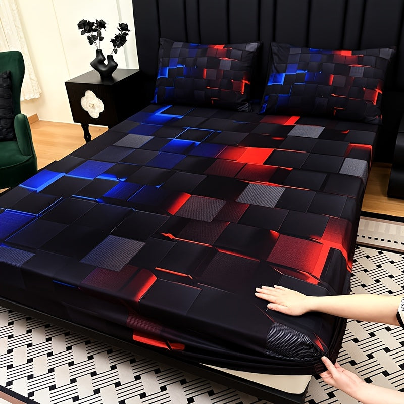 2D Flat 3pcs Cool Technology Digital Printing Material Plaid Fitted Sheet(1pc Bed Sheet+2pcs Pillowcase No Filling) Deep Pocket In 15 Inch, At Home Dormitory Suitable for All Seasons Mattress Protector