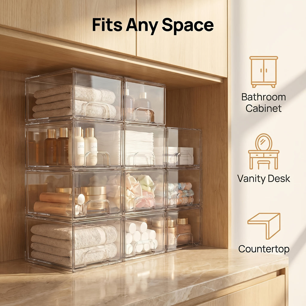 8 Pack Acrylic Bathroom Makeup Organizer, 7.5"D X 6"W X 4.4"H Clear Stackable Storage Drawers, Plastic Storage Bins for Vanity, Home Organization And Storage