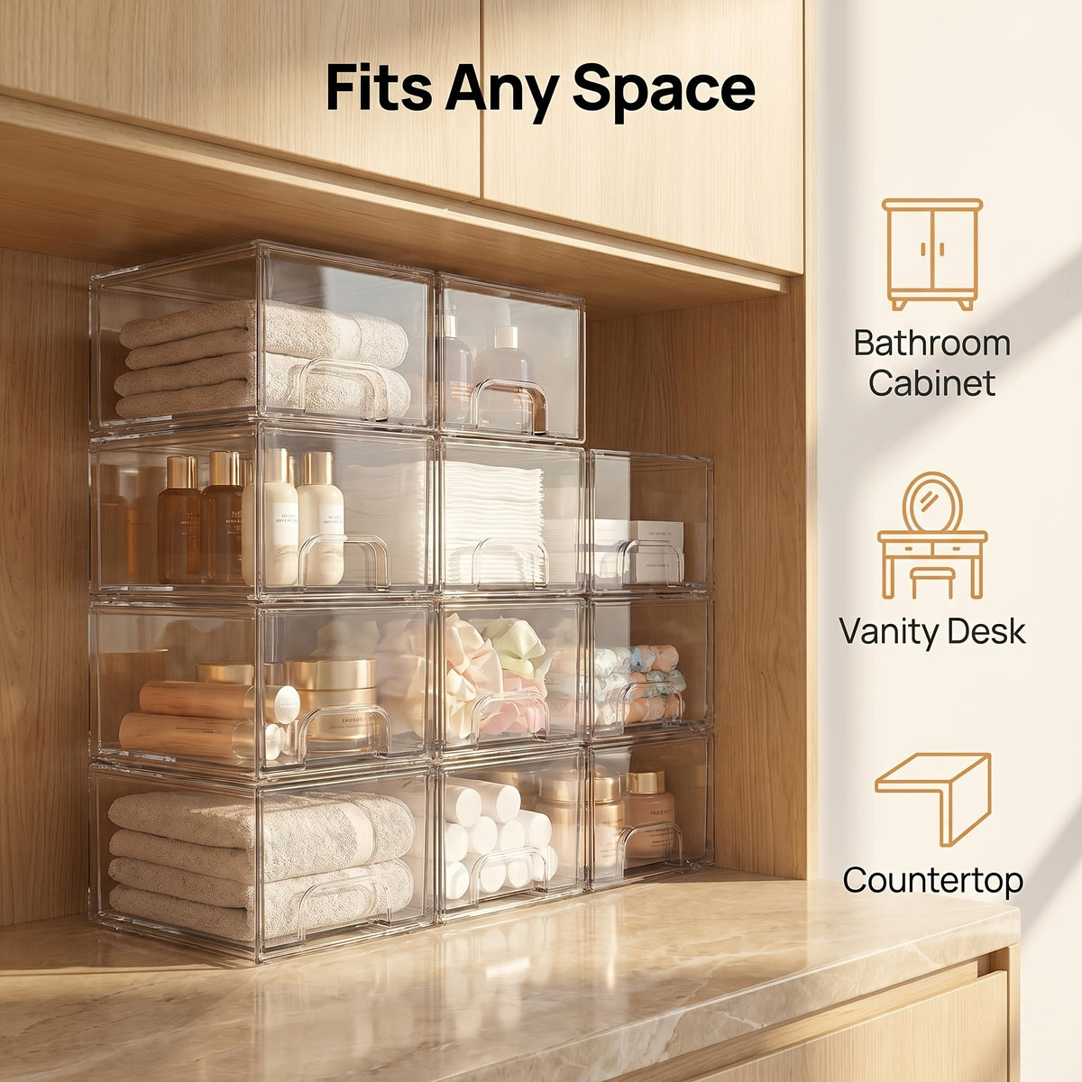 8 Pack Acrylic Bathroom Makeup Organizer, 7.5"D X 6"W X 4.4"H Clear Stackable Storage Drawers, Plastic Storage Bins for Vanity, Home Organization And Storage