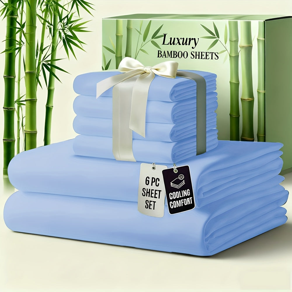 6pcs Luxury Bamboo Cooling Bed Sheet Sets - Viscose Derived From Bamboo Sheets Queen/King Size - Luxuriously Ultra Soft & Breathable Bedding Sheet Set - Deep Pocket Fitted Sheet with Bamboo Texture, Wrinkle-Resistant Soft Sheets