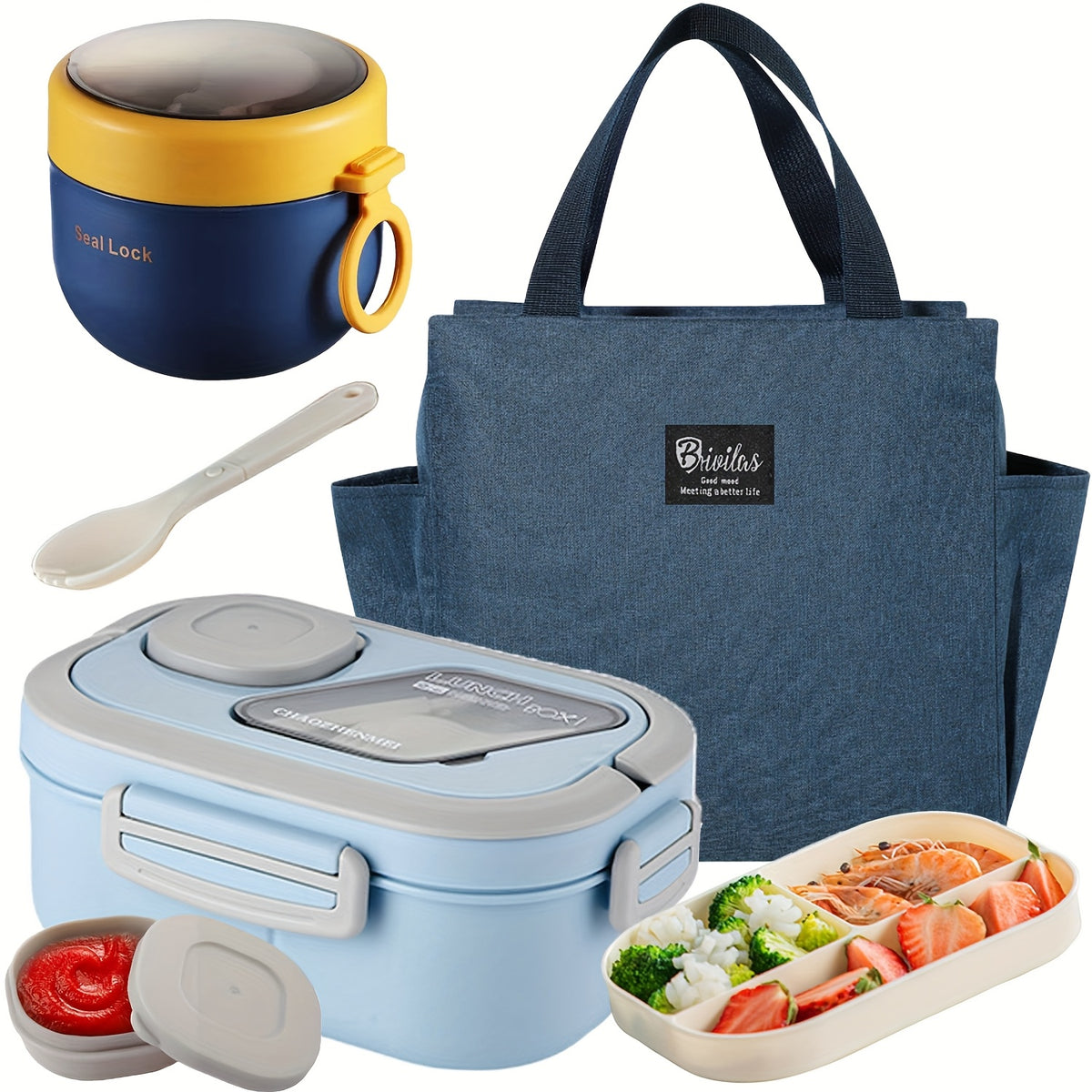 Two Tier Bento Lunch Box, Divided Meal Container in Pink, Blue, Green or White with Optional Cup and Lunch Bag Sets for School, Office and Picnics