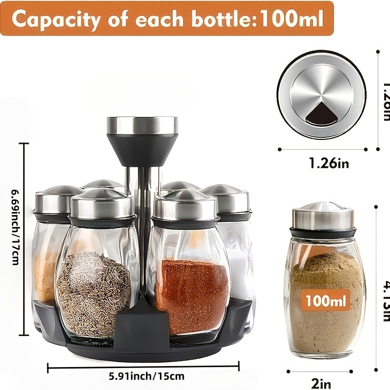 Rotating Spice Rack with Glass Jars, 6 or 12 Seasoning Bottles with Adjustable Dispensing Lids and Single or Double Tier Kitchen Storage Organizer