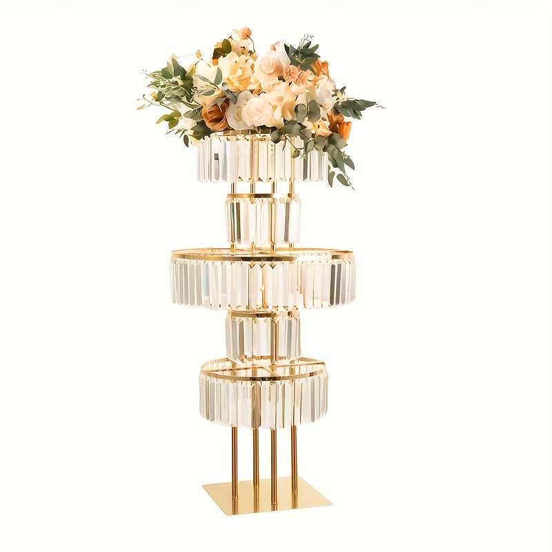 Wedding Golden Metal Vases Centerpieces Crystal Flower Stand with Hanging Crystals, 5 Tier Round Chandelier Pedestal Stand for Wedding Road Lead T Stage Flower Arrangement Decoration, Christmas And Halloween Decorations
