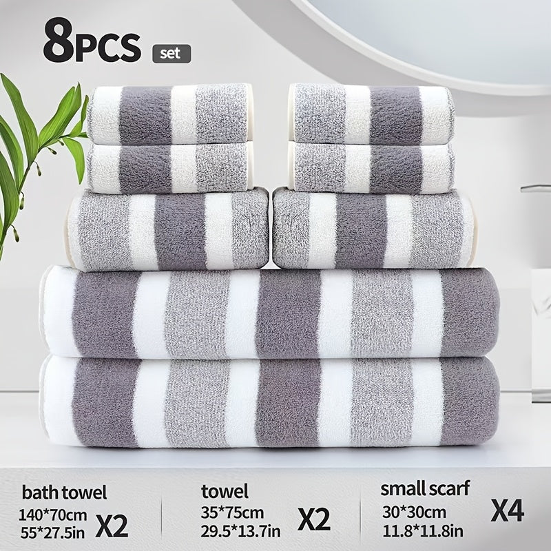 8pcs Set, No Hair Loss, Super Absorbent, Super Soft Two-Color Striped Interval Bath Towel Combination, Including 2 Large Bath Towels, 2 Large Face Towels, 4 Hand Towels