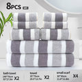 8-Piece Bathroom Towel Set, Soft Absorbent Two-Color Striped Towels with 2 Large Bath Towels, 2 Face Towels and 4 Hand Towels for Home and Guests