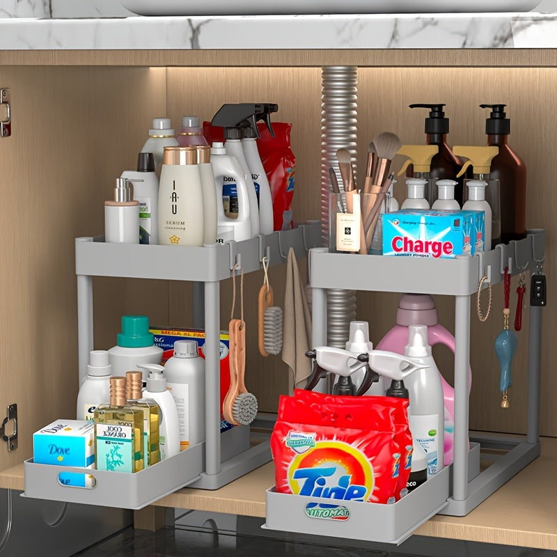 [2pcs Under Sink Organizer] Under Sink Organizer 2pcs, Under Sink Organizers And Storage, Double-tier Sliding Storage Basket, Kitchen Accessories, Kitchen Storage Solutions, Bathroom Organizers And Storage, Storage Rack with 8 Hooks.