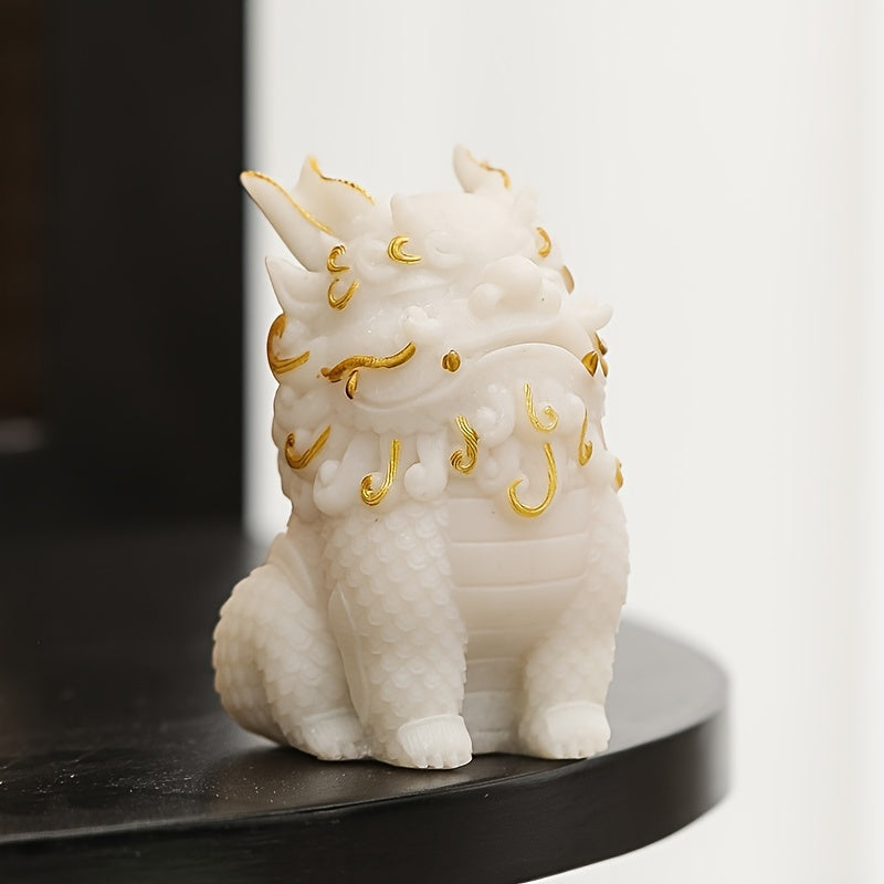 Pixiu Statue with Golden Floral Details, Single Stone Mythical Creature Figurine in Sand, Gray or White for Home Office Tabletop and Cabinet Decor