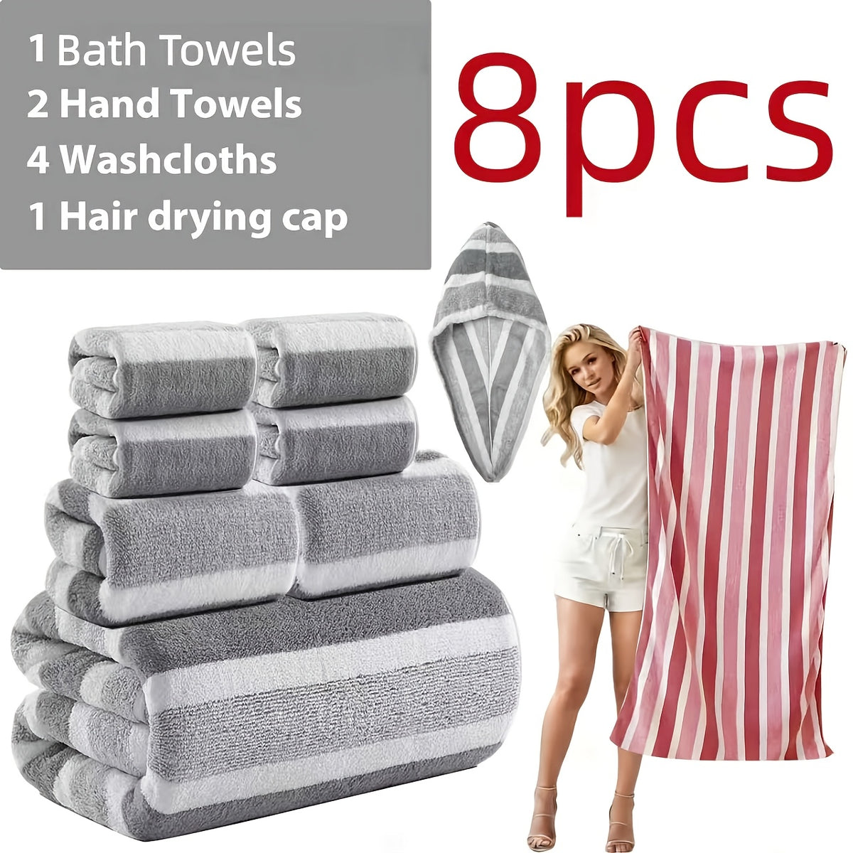 [Ultra-Soft Towel Set] 12/8pcs Towel Set, Ultra-Soft Towel Set with Excellent Absorbency And Quick-Drying Performance, 8pcss Include (1 Large Bath Towel, 2 Medium Bath Towels, 4 Small Bath Towels, 1 Hair-Drying Towel)