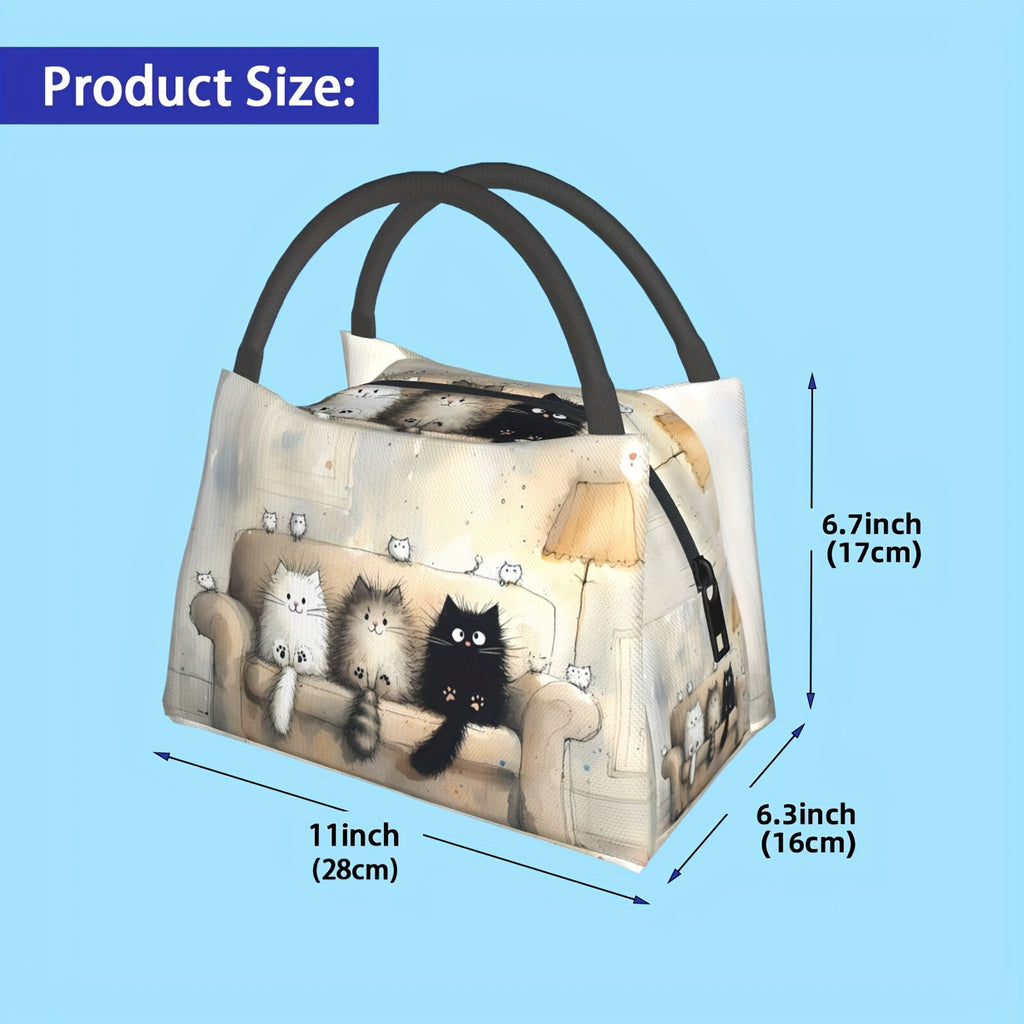 Adorable Feline Design Insulated Lunch Tote - Rectangular Polyester Bag Featuring an Animal Motif, Easy to Clean by Hand, Portable And Reusable Cooler Suitable for Picnics, Beach Outings, Hiking, Work (non-food contact)