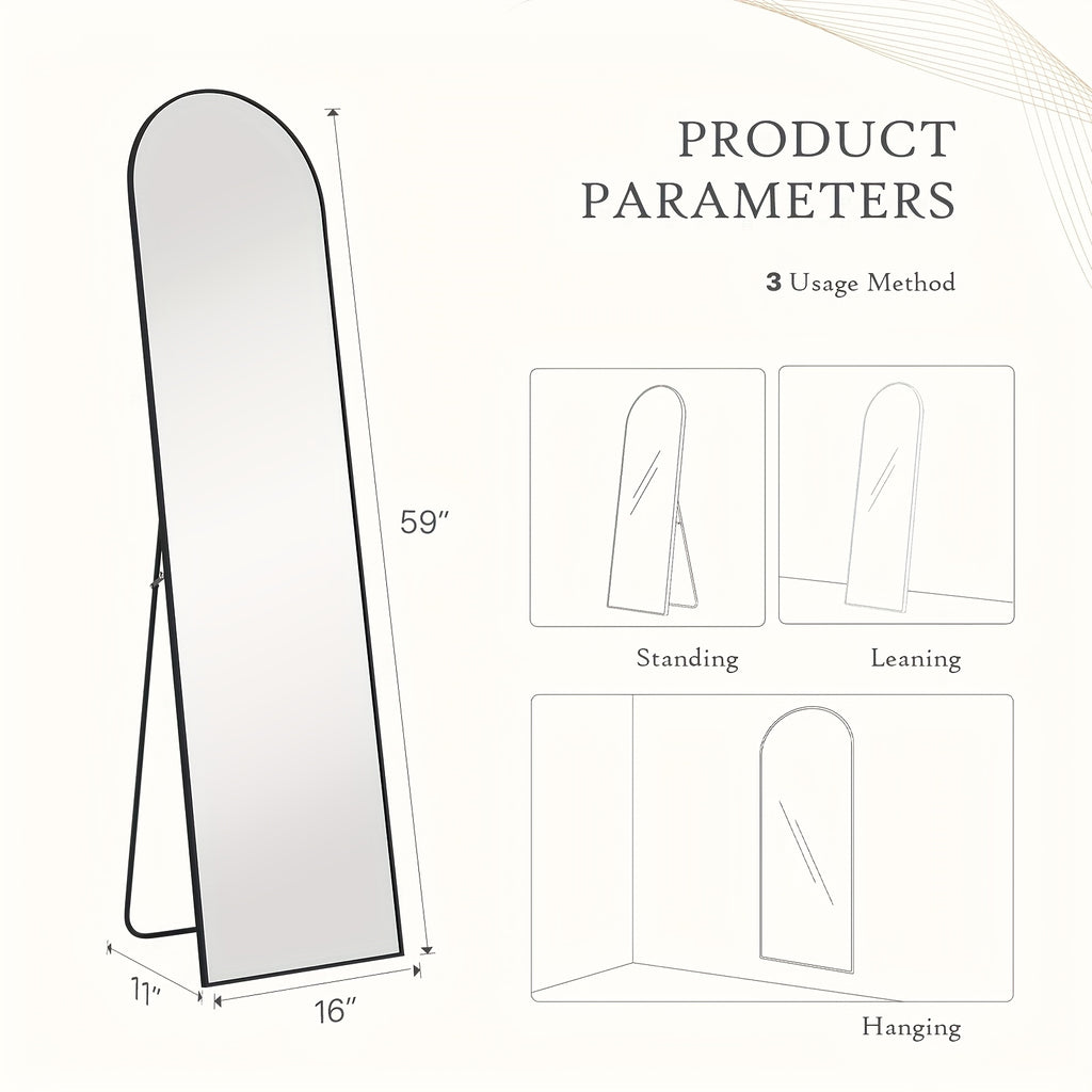 Full Length Floor Mount Mirror-Aluminum Alloy Frame-Arch Mirror Full Length HD-Full Body Mirror-for Bedroom or Living Room