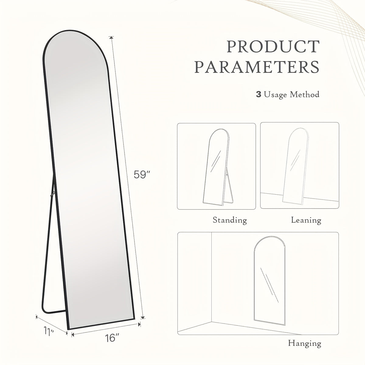 Full Length Floor Mount Mirror-Aluminum Alloy Frame-Arch Mirror Full Length HD-Full Body Mirror-for Bedroom or Living Room