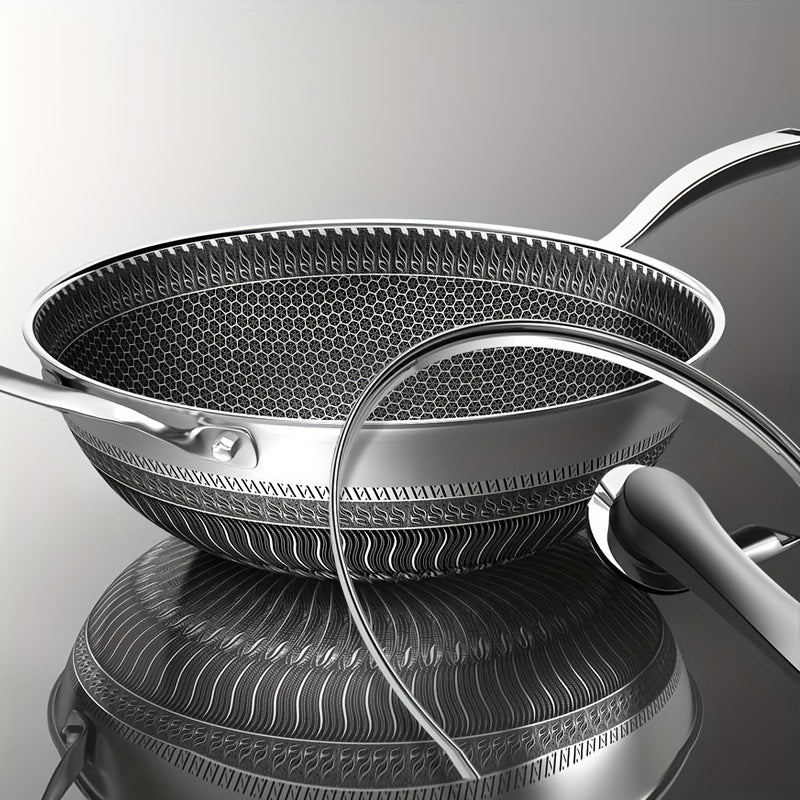 13.3-Inch Tri-Ply Stainless Steel Non-Stick Wok with Lid And 2pcs Cookware Additions, Honeycomb Design, Home Cooking Pan, Suitable for All Stoves, Kitchen Utensils, Kitchen Tools, Kitchen Accessory, Kitchen Supplies Camping
