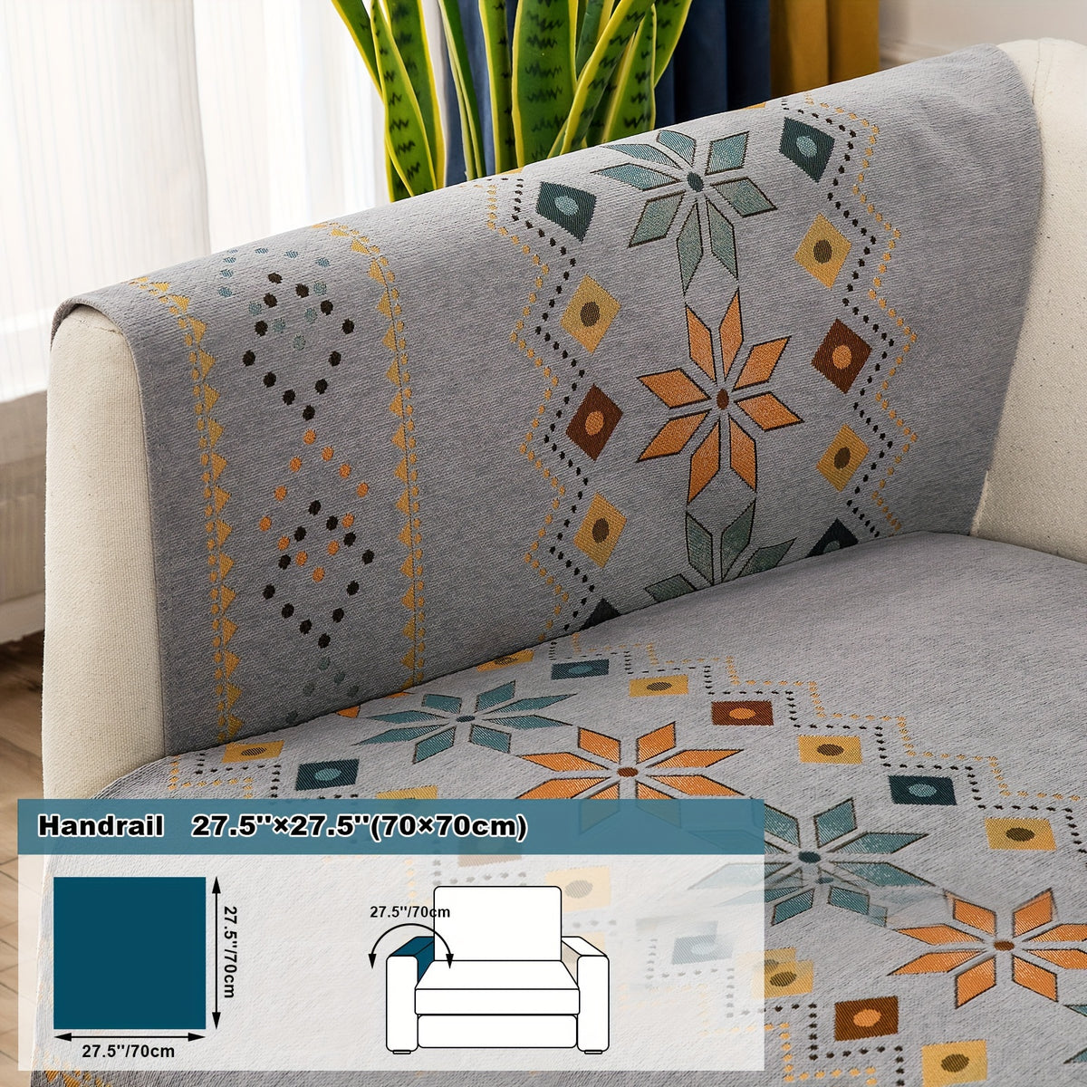 1pc Bohemian Chenille Sofa Cover Suitable for Sofa Sizes (Single to Four-Seater) - Thick Plush Non-Slip Couch Cover with Geometric Embroidery, Chenier Fabric Slipcover Fits for Sectional Sofas, Machine Washable Furniture
