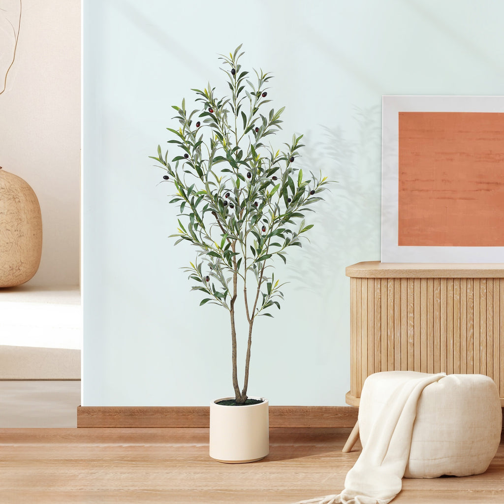 Large Artificial Olive Tree with Multi-Trunk, Realistic Silk-like Leaves & Fruits in Beige Planter - Indoor/Outdoor Fake Olive Tree for, Office, Mediterranean Decor - Low-Maintenance Plant with Container (No Watering/Easy Setup)
