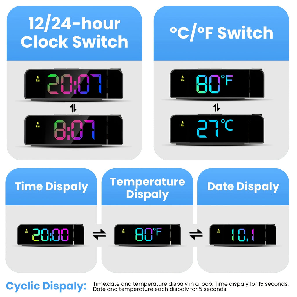 Black Projection Alarm Clock, Multifunctional LED Digital Clock with Colorful Light, USB, Displays Year, Date, Temperature, Adjustable Brightness, Bedroom Clock, 1 Pack,