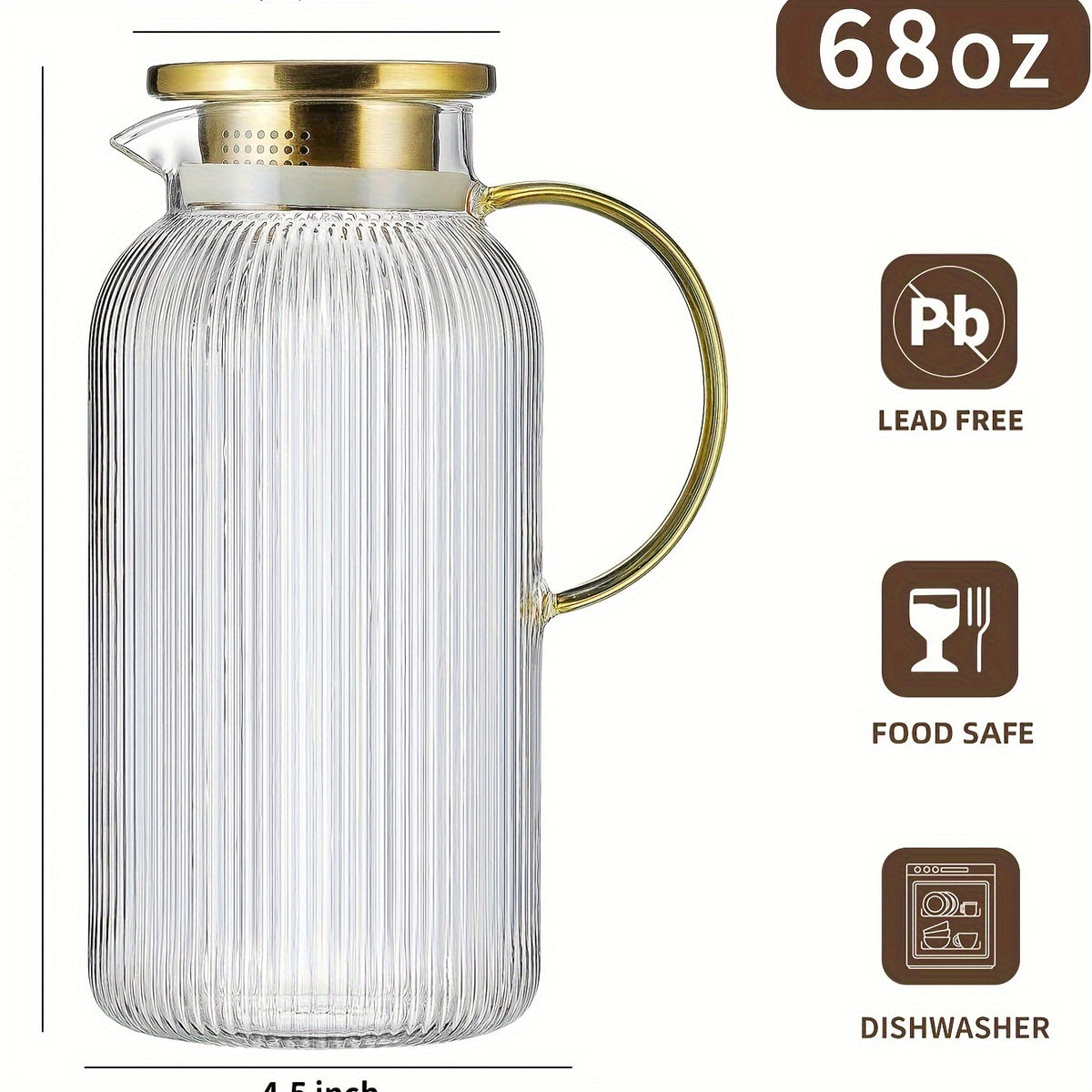 FBL&HM 2/4 PACK Glass Pitcher With 304 Stainless Steel Lid, 68 Oz/ 2 Liter Classic Vertical Stripes Water Pitcher, Glass Water Carafe For Cold Brew, Coffee, Lemonade, Iced Sun Tea, Beverage, Milk, Heat Resistant