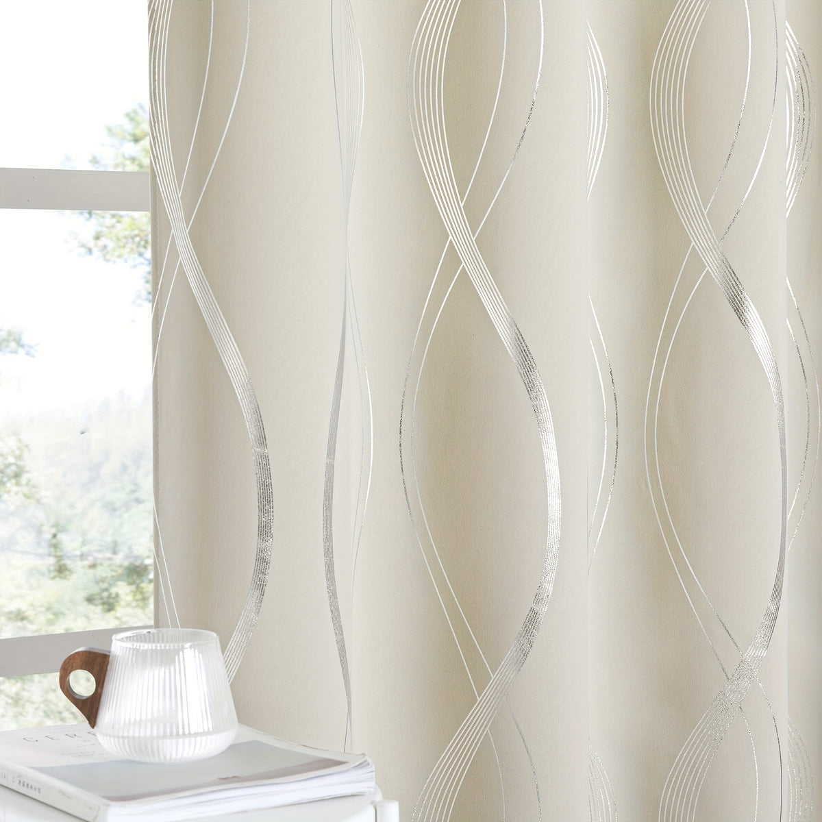 Blackout Curtains 2 Panels Set for Bedroom/Living Room, Noise Reducing Thermal Insulated Wave Line Foil Print Drapes for Patio Sliding Glass Door