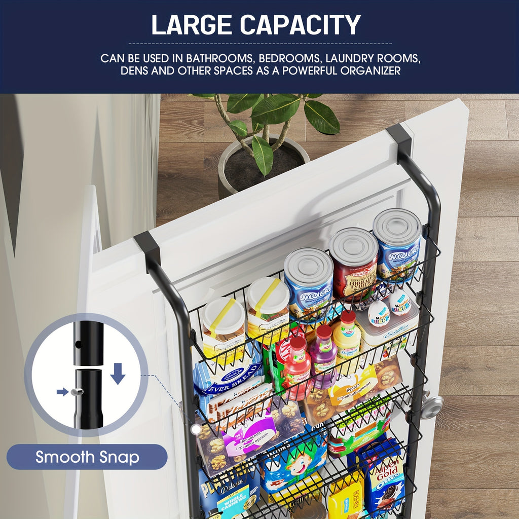 Metal Over Door Pantry Rack, 6 or 8 Tier Hanging Storage Organizer in Black or White for Spices, Packaged Foods, Bathroom Essentials and Laundry Supplies