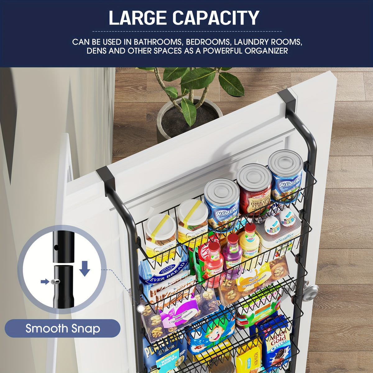 Metal Over Door Pantry Rack, 6 or 8 Tier Hanging Storage Organizer in Black or White for Spices, Packaged Foods, Bathroom Essentials and Laundry Supplies