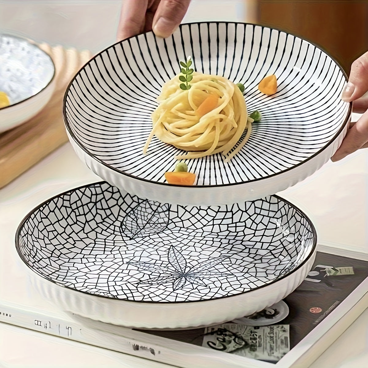 4pcs Set Of Japanese-style Ceramic Floral Plates Yamada Household Serving Plate, Nordic-style Steak Plate, Ceramic 7-inch Deep Plate, Non-slip Edge, Underglaze Color Round Plate