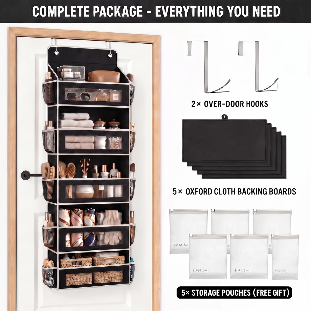[5-Tier Storage Box] Door Storage Box, Hanging Door Storage Box with 5 Large Capacity Pockets | Anti-tilt 44 Pound Load Back Of Door Storage Box for Bedroom, Bathroom, Pantry, Room Storage And Collection Use Over The Door Pantry Organizer