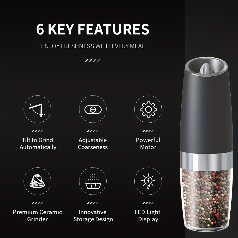 1pc/2pcs Electric Salt and Pepper Mill with Tilt Grinding, Pepper Grinder Suitable, Large Capacity ABS Mills, Adjustable Coarseness, One-Hand Operation & LED Light, Holiday Gifts for, Christmas