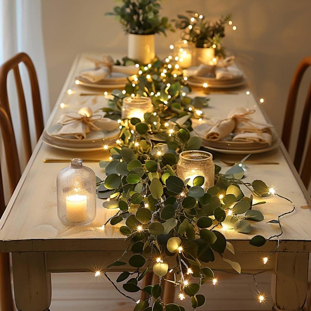 Eucalyptus Garland Lights, 4-Pack Battery-Powered Leaf String Lights with 80 Warm Lights and 315-Inch Total Length for Table Centerpieces and Indoor Decor