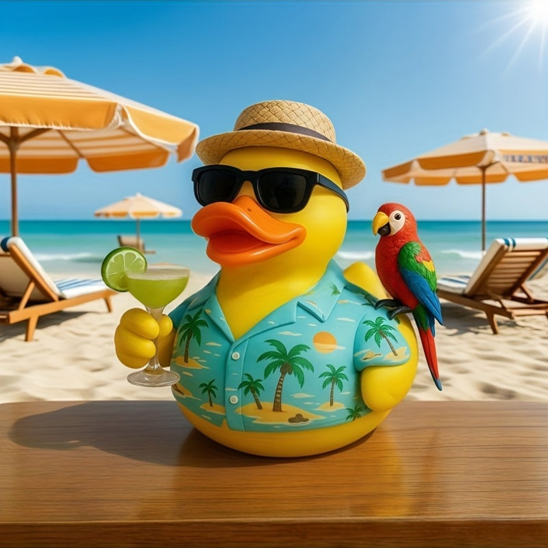 Cute Beach Duck Figurine - Tropical Hawaiian Shirt & Fashion Glasses Design, Resin /Outdoor Decor with Expressive Eyes, Palm Tree Accent - No Needed, Ideal Christmas Gift for, Pool, Beach Decorations (Yellow Duck with Lime Garnish Look)
